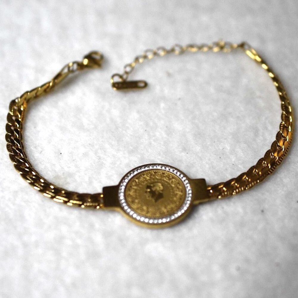Retro Stainless Steel Gold Tone Caesar Coin Rhinestone Accent 7.5" Bracelet